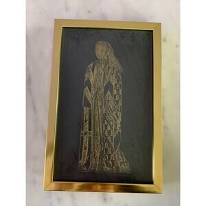 Vintage Gold Framed Brass Rubbing of Medieval Religious Woman Praying